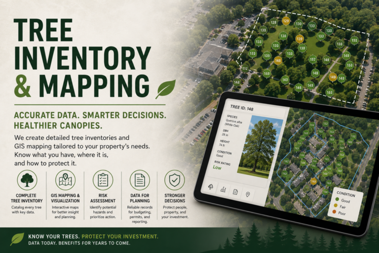 Tree inventory & mapping infographic showing GIS tree data collection, species and condition tracking, and risk rating for a property