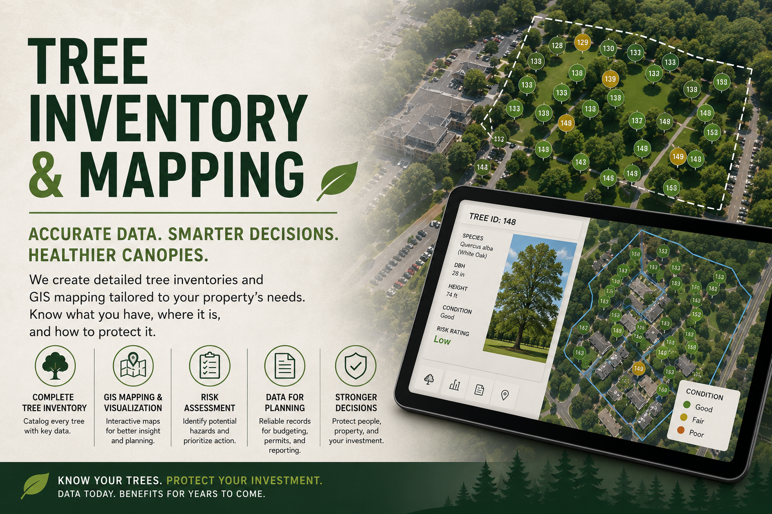 Tree inventory & mapping infographic showing GIS tree data collection, species and condition tracking, and risk rating for a property